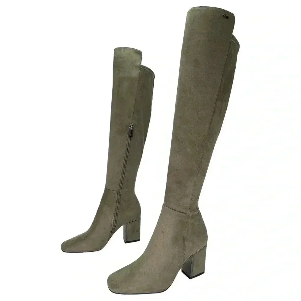 DKNY Cilli Womens OTK Stretch Microsuede Light Military Green Boots Size 5M